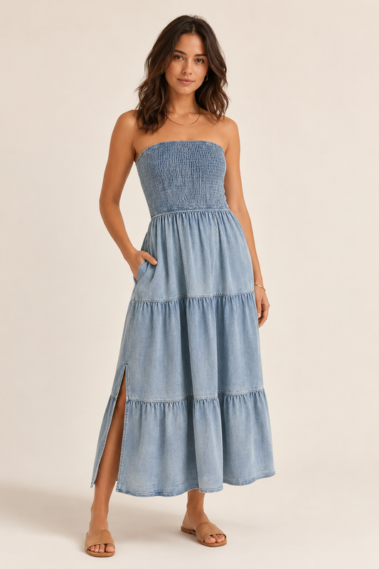 Smocked Tube Slit Tiered Denim Dress