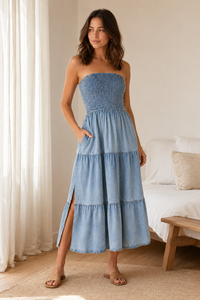 Smocked Tube Slit Tiered Denim Dress
