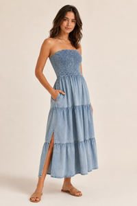 Smocked Tube Slit Tiered Denim Dress