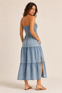 Smocked Tube Slit Tiered Denim Dress
