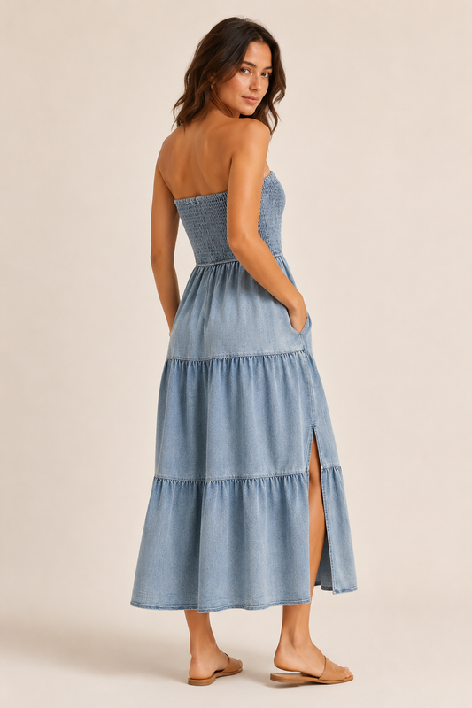 Smocked Tube Slit Tiered Denim Dress