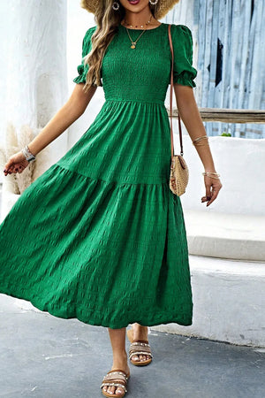 Émilie Smocked Puff Sleeve Midi Dress — Emerald